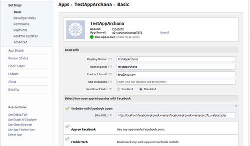Facebook App setting