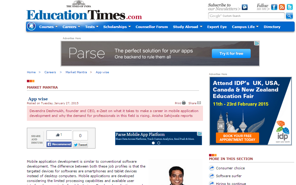 e-Zest CEO Devendra Deshmukh featured in Times of India