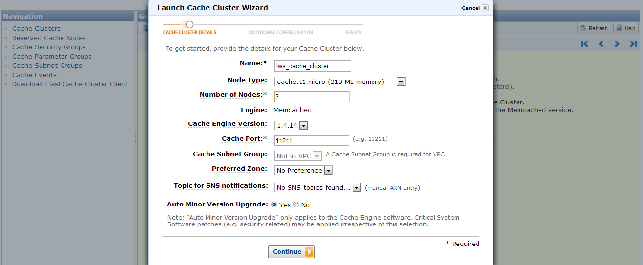Launch Cache Cluster Wizard