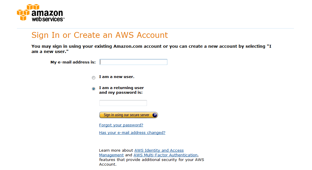 Amazon Web Services Sign in Window