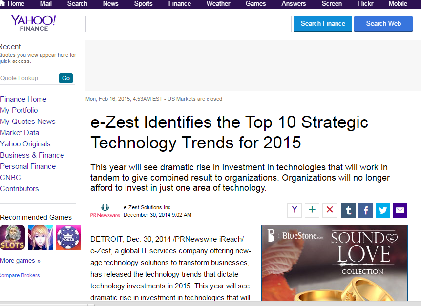 e-Zest featured in Yahoo!